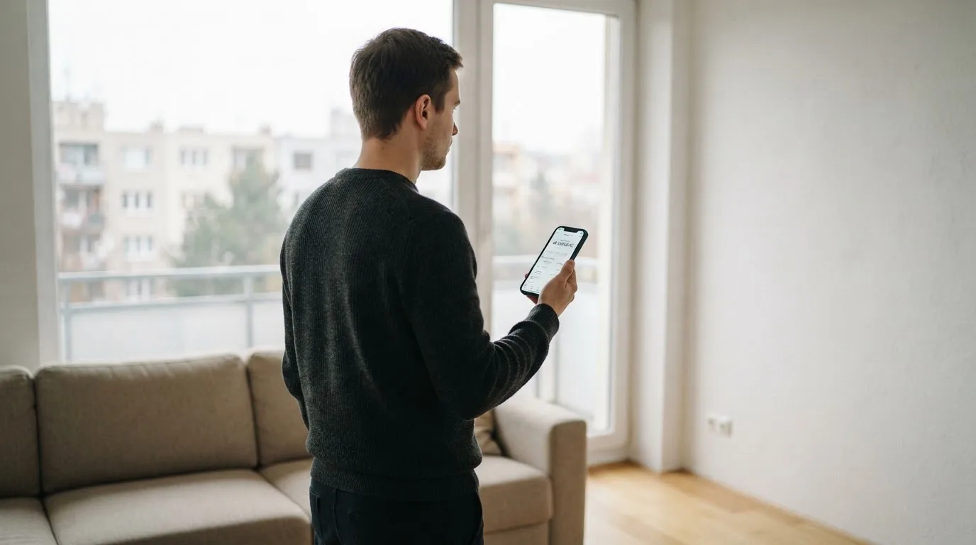 Muž v obývacím pokoji drží telefon a zamyšleně hledí z okna za dne.