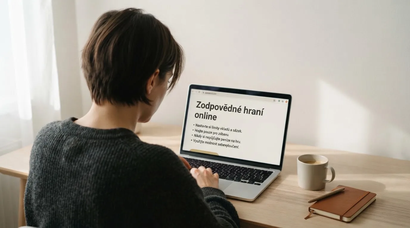 Člověk u notebooku čte informační stránku o online hazardu v Česku — bezpečné zahraniční casino pro české hráče