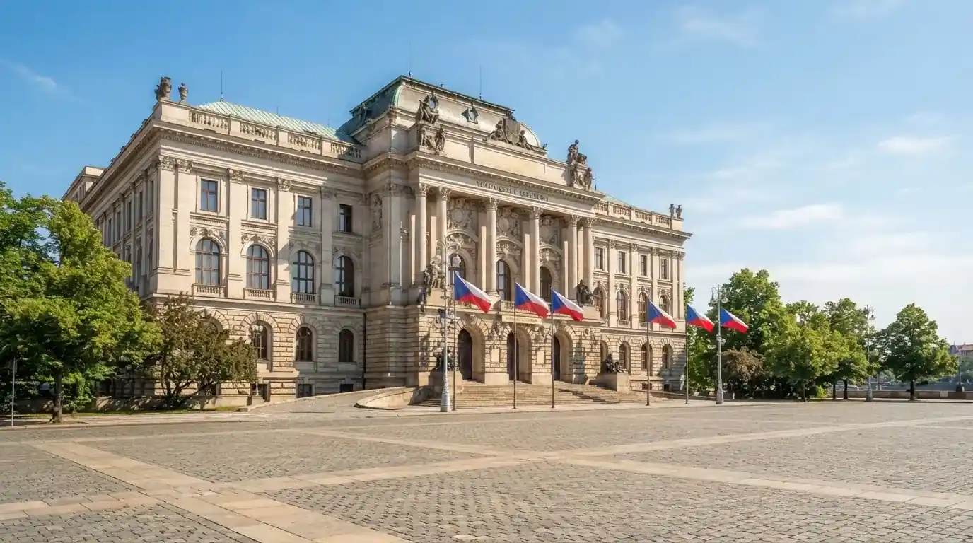 Historická úřední budova s vlajkami na slunečném náměstí — casina bez nutnosti vkladu s bonusem