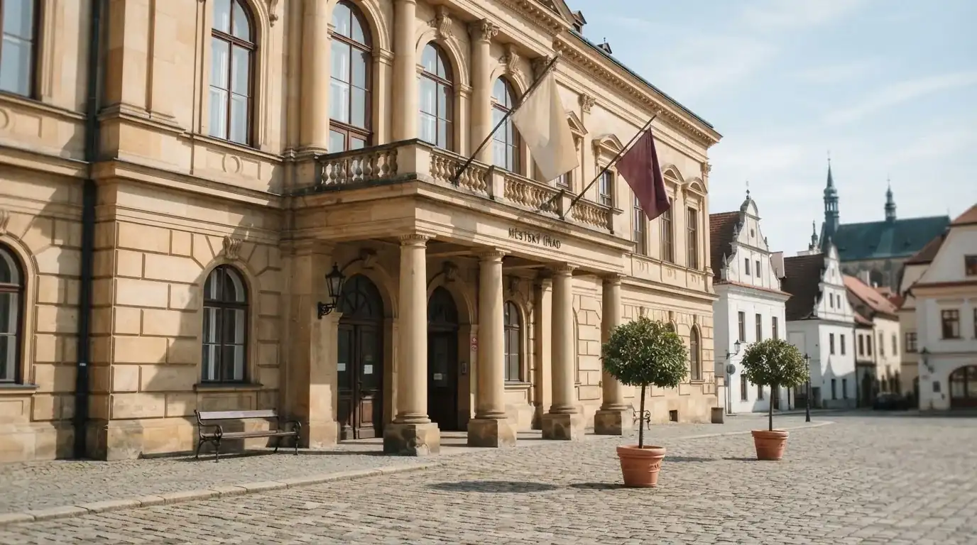 Historická úřední budova s vlajkami na slunečném náměstí — casina online bez ověření totožnosti