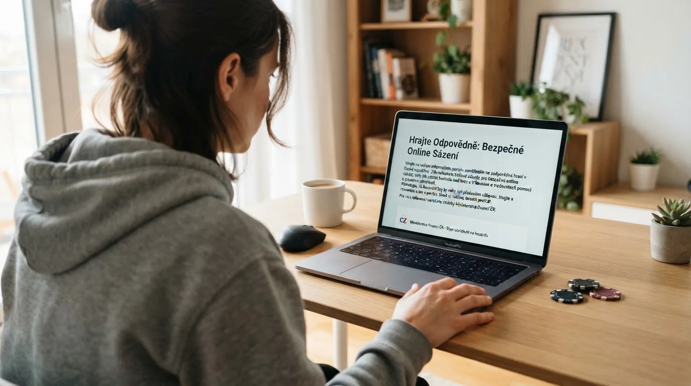 Člověk u notebooku čte informační stránku o online hazardu v Česku — casina online bez ověření totožnosti
