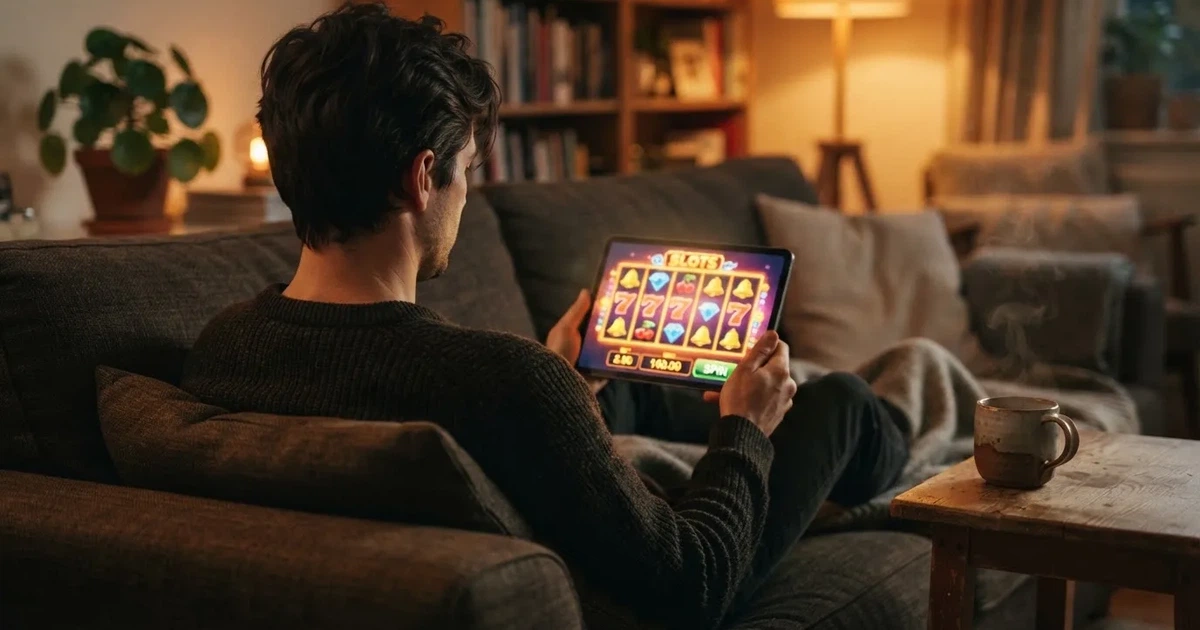 Hráč na gauči s tabletem, šálek kávy na stolku, teplé světlo — casina promo kód bez vkladu