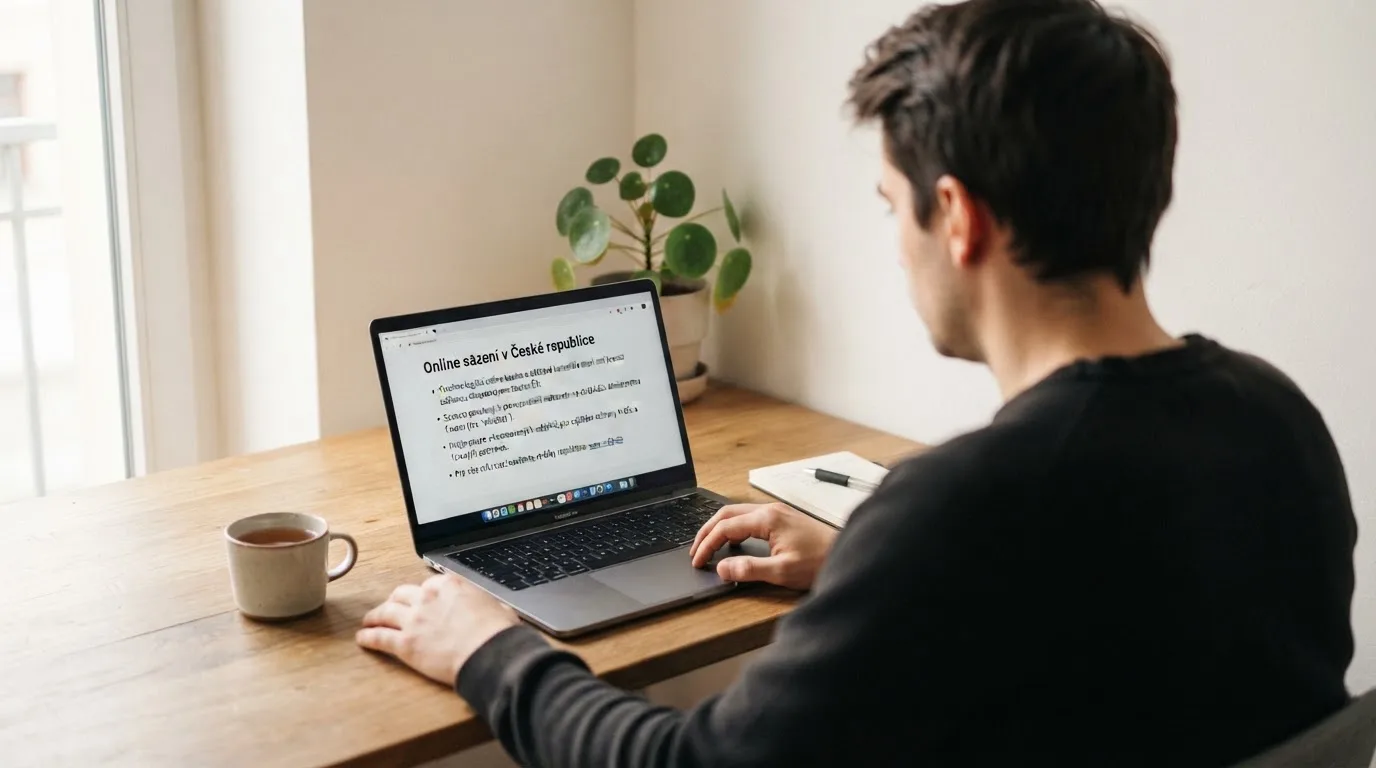 Člověk u notebooku čte informační stránku o online hazardu v Česku — casina promo kód bez vkladu