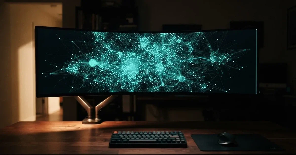 Detailní záběr na digitální síť propojených bodů svítících na tmavé obrazovce počítače.