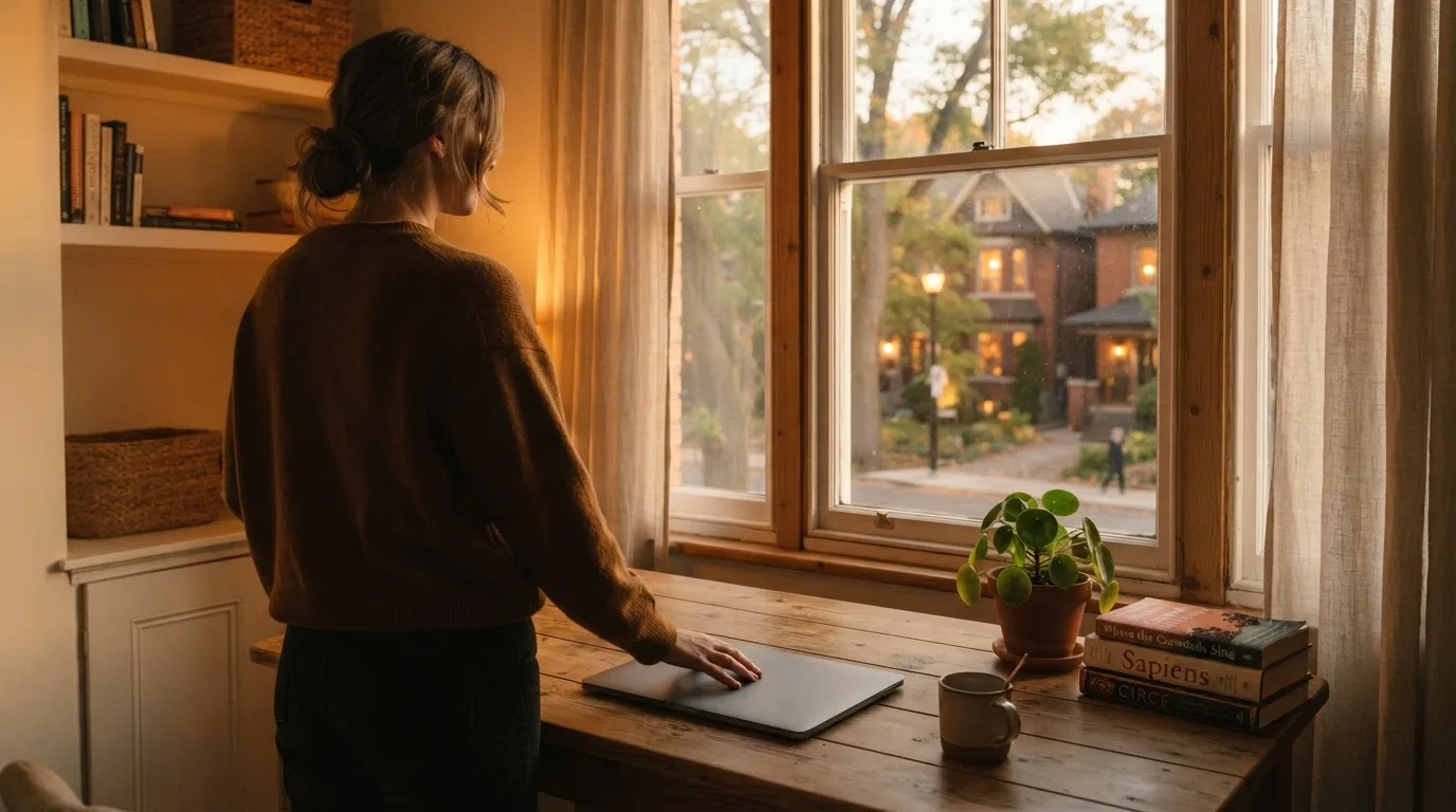 Žena zavírá notebook a odchází od stolu k oknu s výhledem na ulici.