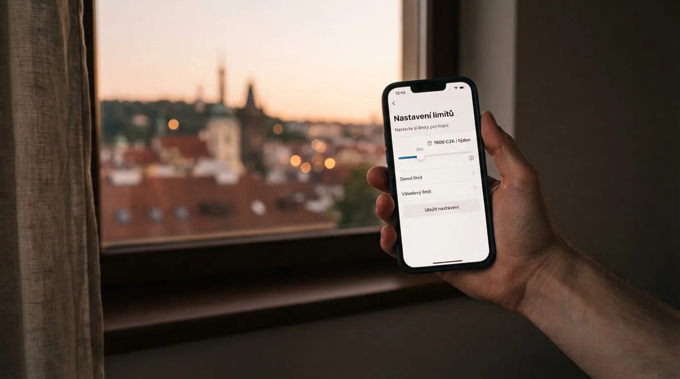 Ruka drží chytrý telefon u okna, klidné večerní světlo — casino bez ověření bankovního účtu
