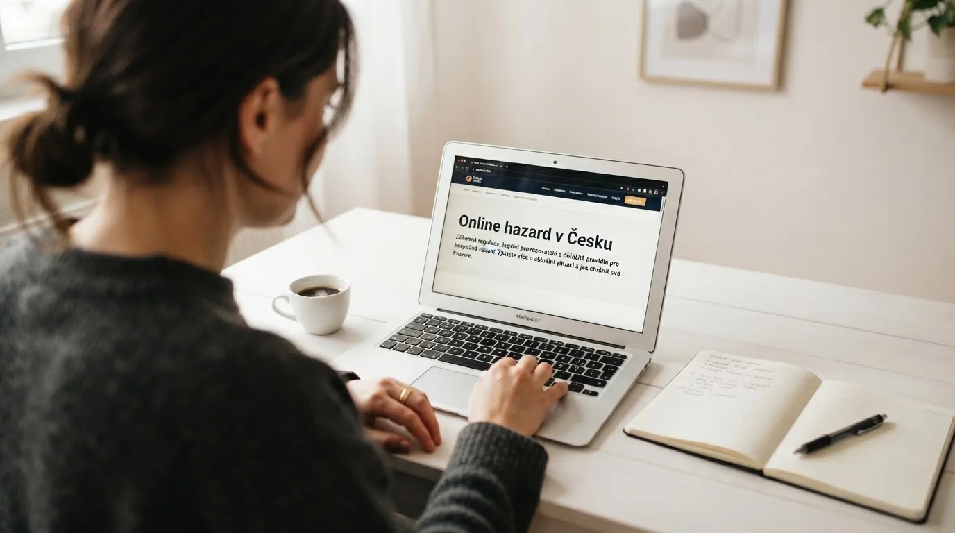 Člověk u notebooku čte informační stránku o online hazardu v Česku — casino minimální vklad 1, 5, 10 euro