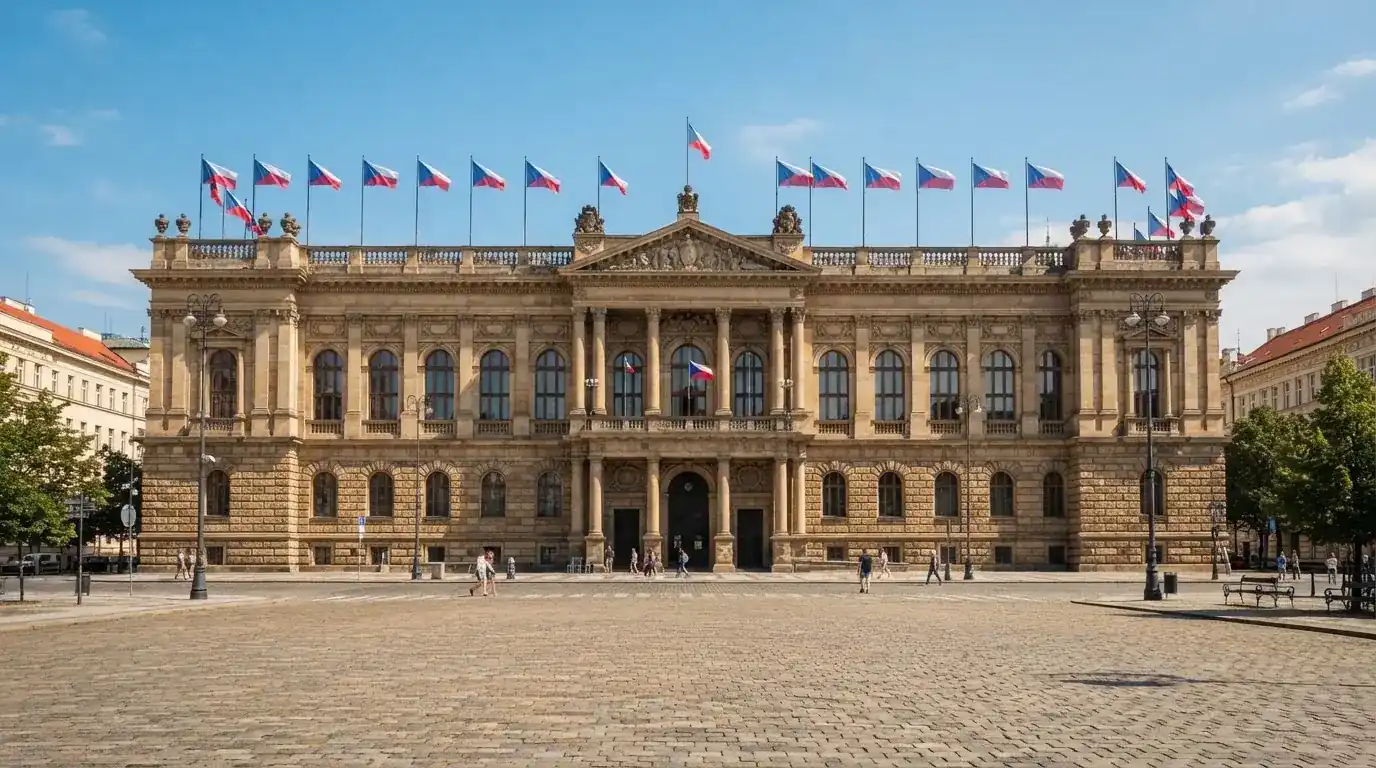 Historická úřední budova s vlajkami na slunečném náměstí — casino minimální vklad 100 kč