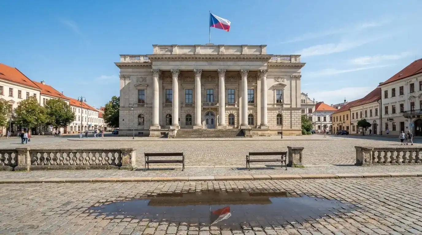 Kamenná budova s sloupy a vlajkou stojí na náměstí za jasného dne.