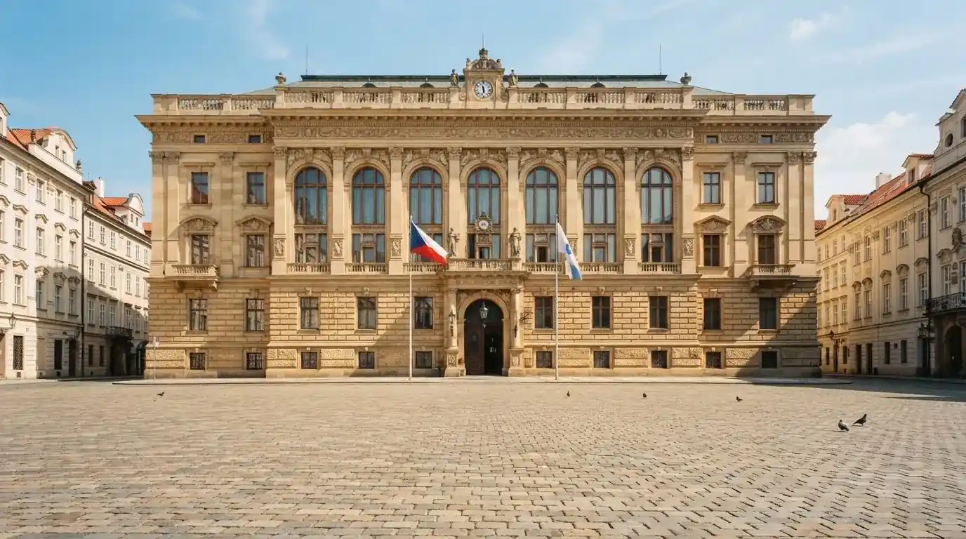 Historická úřední budova s vlajkami na slunečném náměstí — casino okamžitý výběr