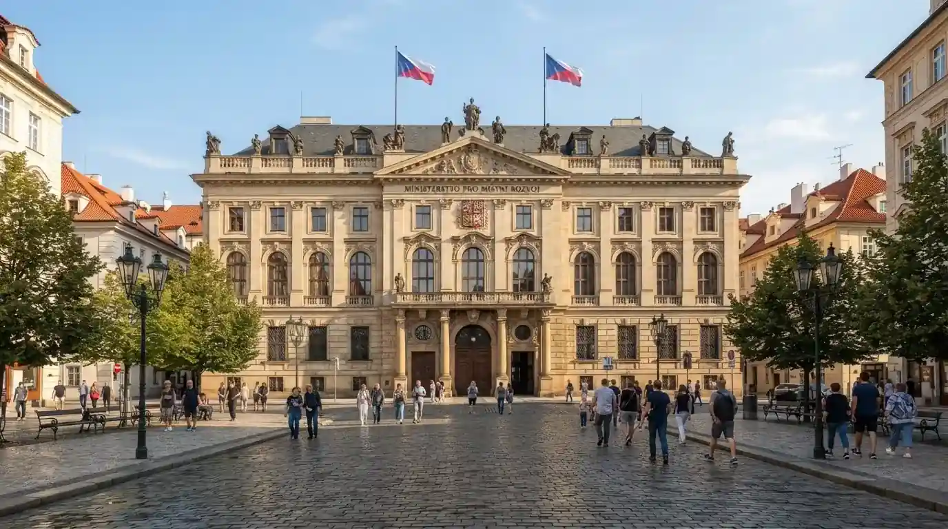 Historická úřední budova s vlajkami na slunečném náměstí — casino platba paysafecard
