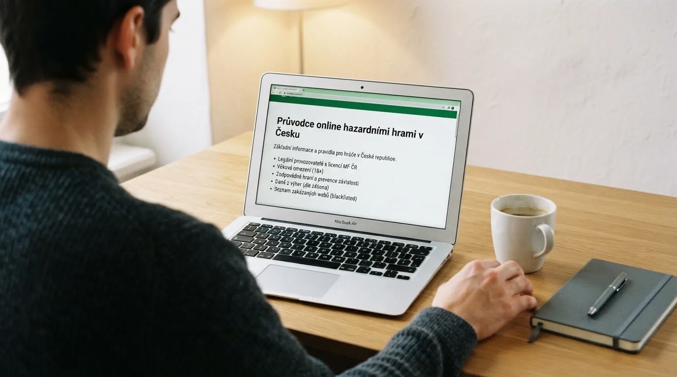 Člověk u notebooku čte informační stránku o online hazardu v Česku — casino platba paysafecard