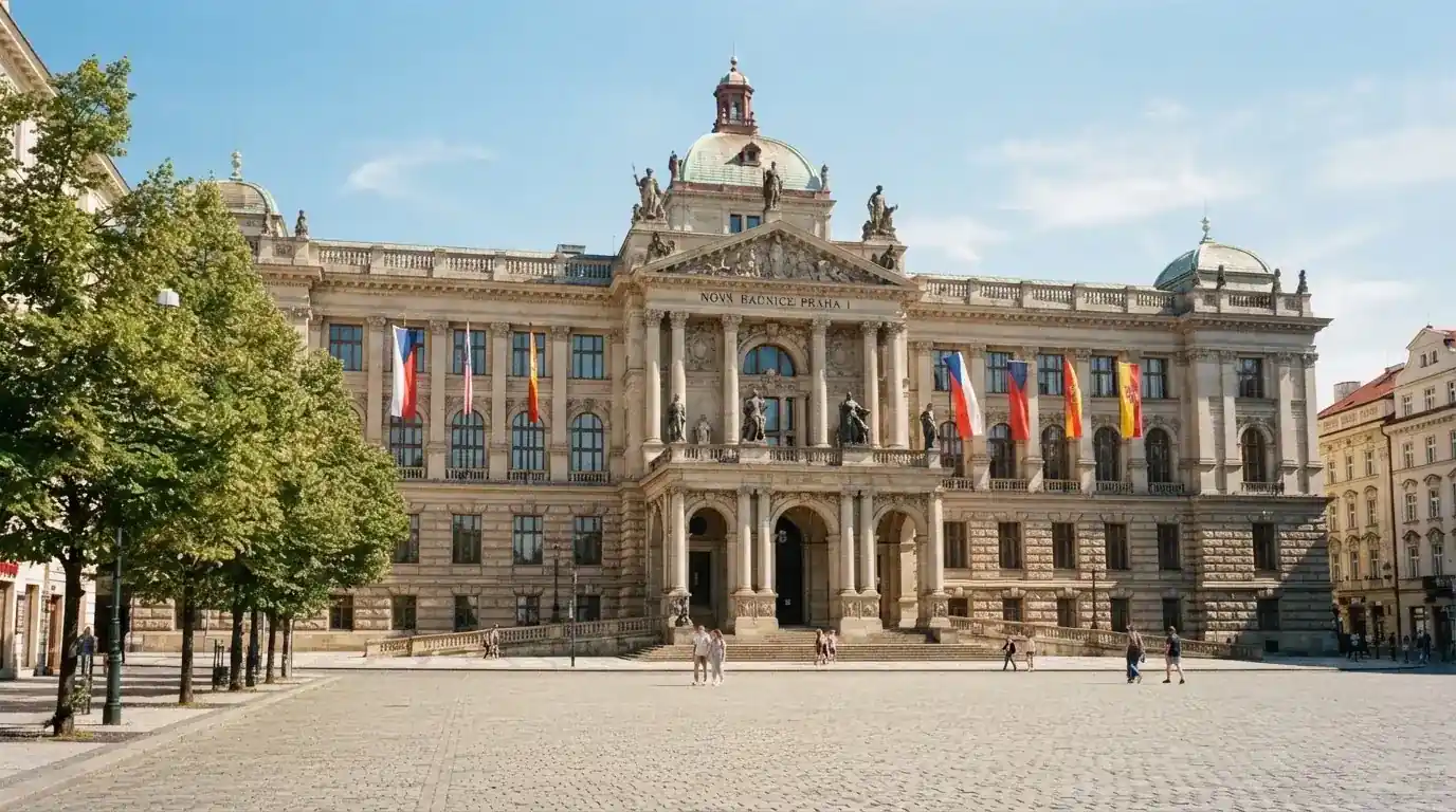 Historická úřední budova s vlajkami na slunečném náměstí — hrací automaty hrací automaty zdarma online