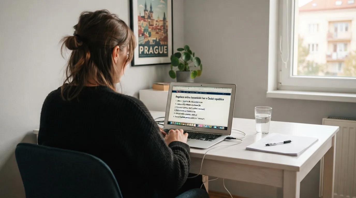 Člověk u notebooku čte informační stránku o online hazardu v Česku — hrací automaty hrací automaty zdarma online