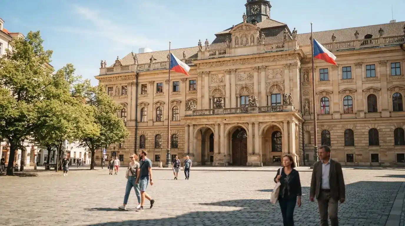 Historická úřední budova s vlajkami na slunečném náměstí — hrací automaty zdarma ke stažení