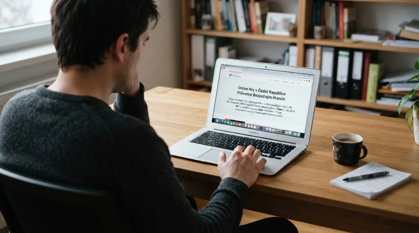 Člověk u notebooku čte informační stránku o online hazardu v Česku — hrací automaty zdarma ke stažení