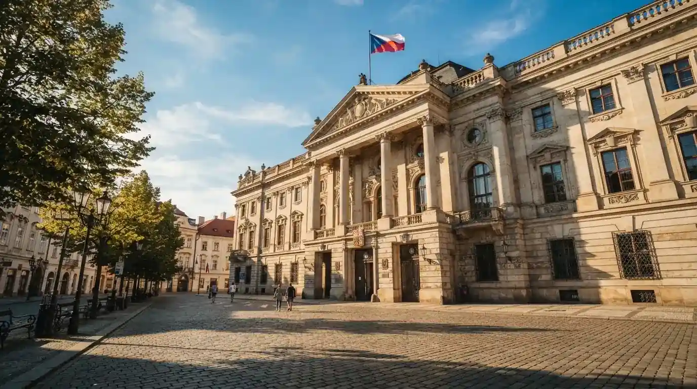 Kamenná budova se sloupy a vlajkou stojí na náměstí za slunečného dne.