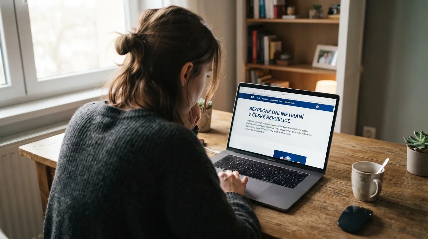 Člověk u notebooku čte informační stránku o online hazardu v Česku — nejlepší automaty online za peníze