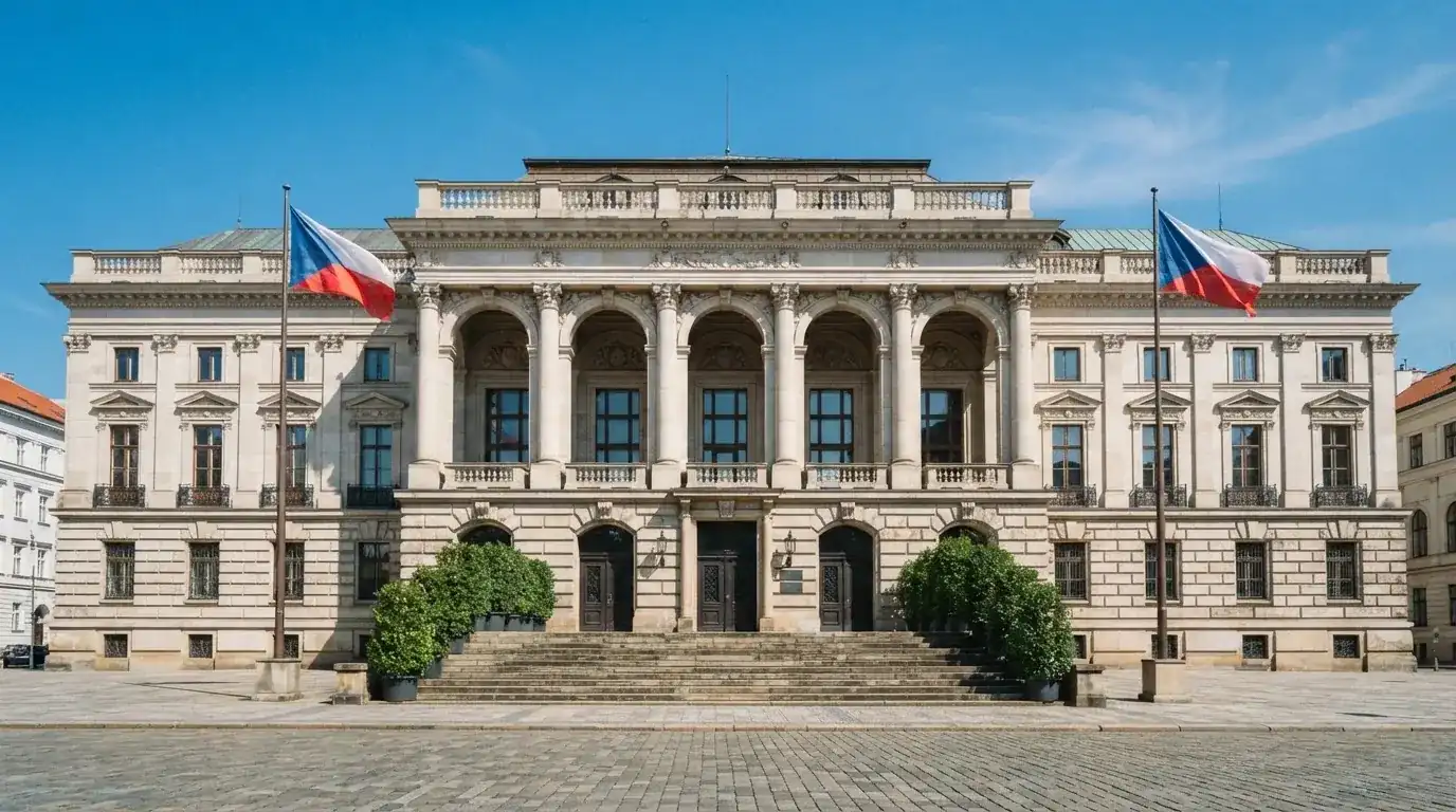 Historická úřední budova s vlajkami na slunečném náměstí — nejlepší krypto casino pro české hráče