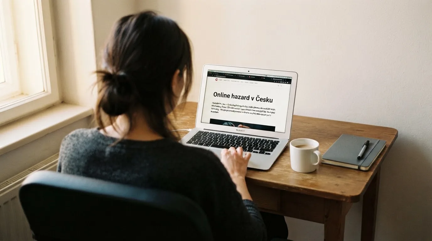 Člověk u notebooku čte informační stránku o online hazardu v Česku — nejlepší krypto kasina cz