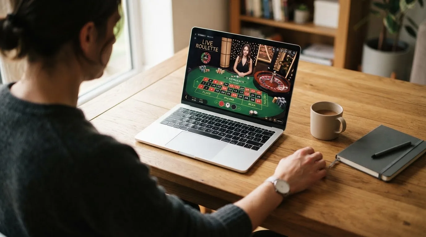 Člověk u notebooku čte informační stránku o online hazardu v Česku — nejlepší live casino CZ