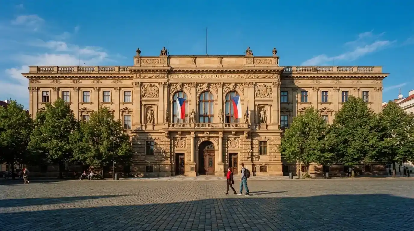 Historická úřední budova s vlajkami na slunečném náměstí — nejlepší mobilní online kasino česká republika