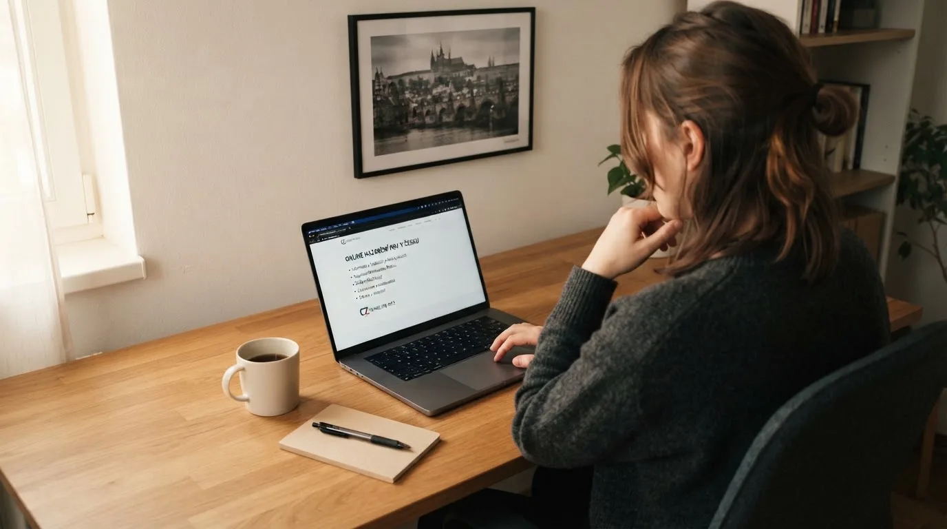 Člověk u notebooku čte informační stránku o online hazardu v Česku — nejlepší mobilní online kasino česká republika