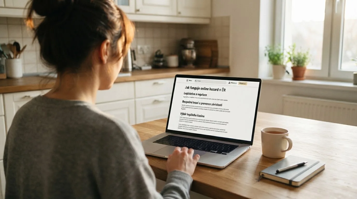 Člověk u notebooku čte informační stránku o online hazardu v Česku — nejlepší online casino CZ