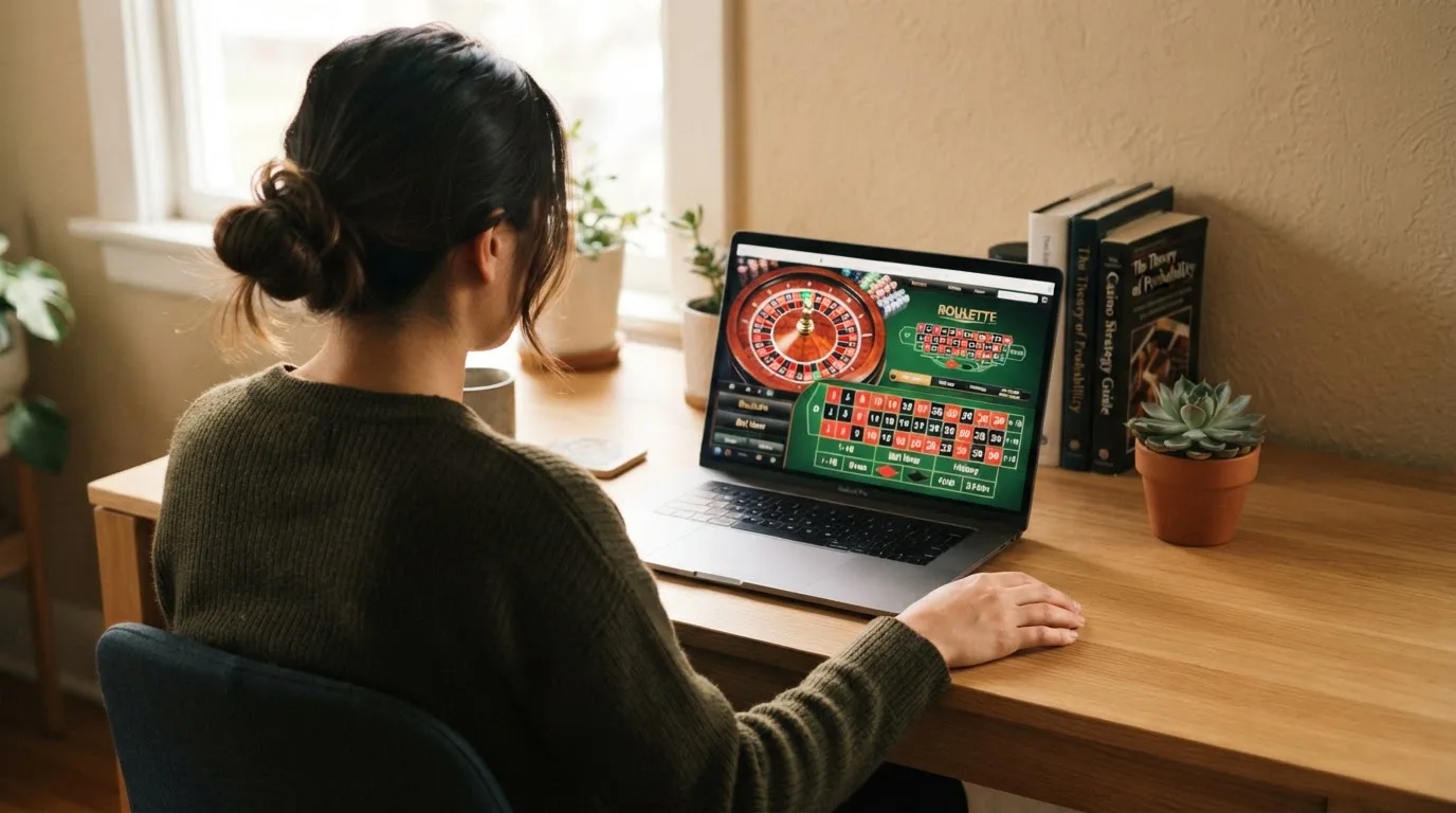 Člověk u notebooku čte informační stránku o online hazardu v Česku — nejlepší online casino s vkladem přes bitcoin