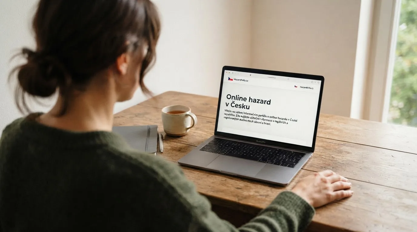 Člověk u notebooku čte informační stránku o online hazardu v Česku — nejlepší online casino za peníze